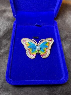 Gold-Tone Multicolor Butterfly Brooch with Blue Enamel and Crystal Accents